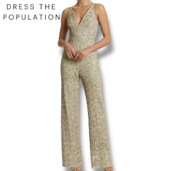 Dress The Population Charlie Jumpsuit Gold Sequin Wide Leg Glam Party |  Sz L
